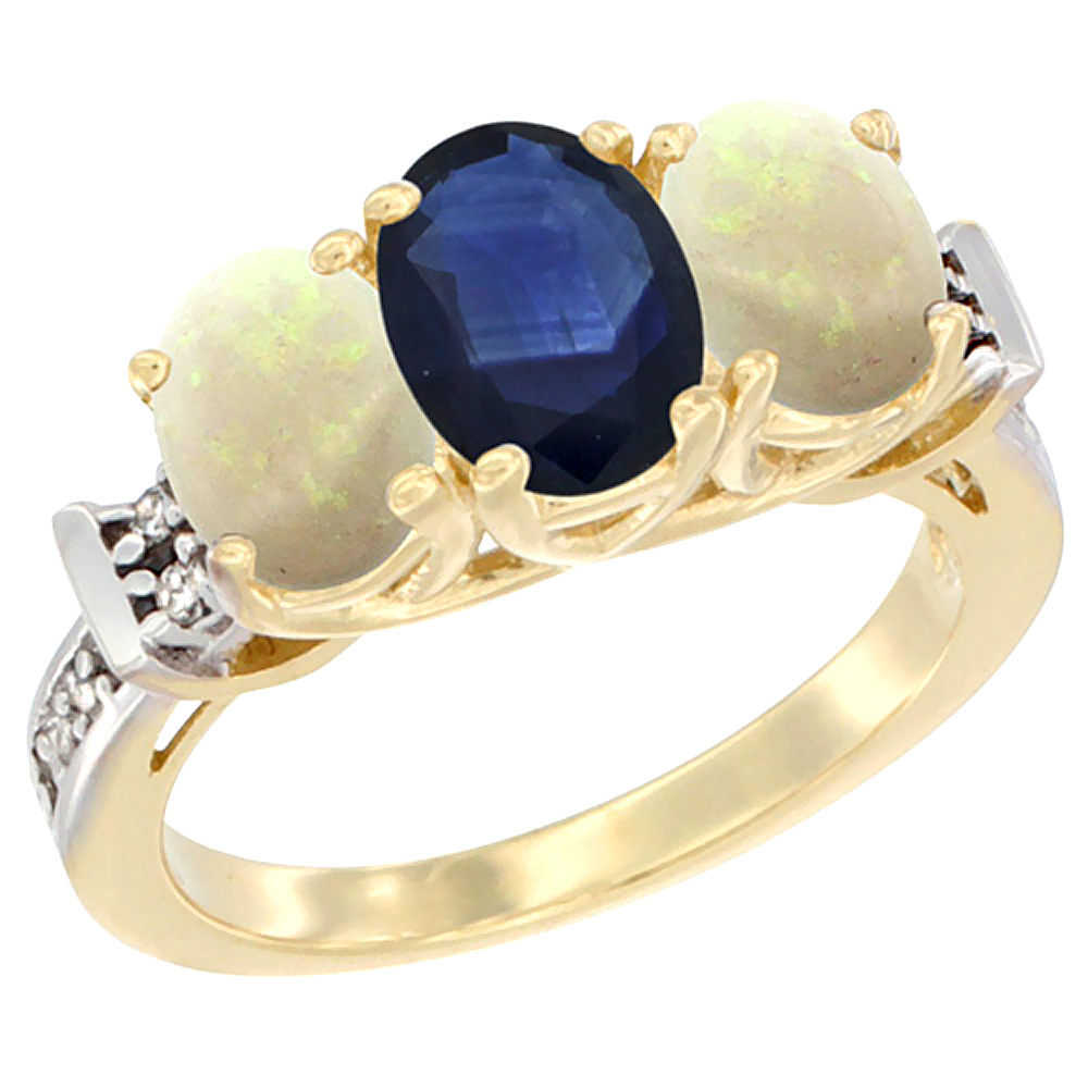 14K Yellow Gold Natural Blue Sapphire &amp; Opal Sides Ring 3-Stone Oval Diamond Accent, sizes 5 - 10