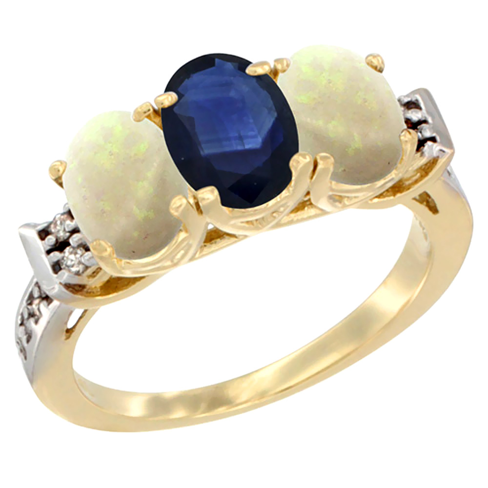 14K Yellow Gold Natural Blue Sapphire &amp; Opal Sides Ring 3-Stone Oval 7x5 mm Diamond Accent, sizes 5 - 10