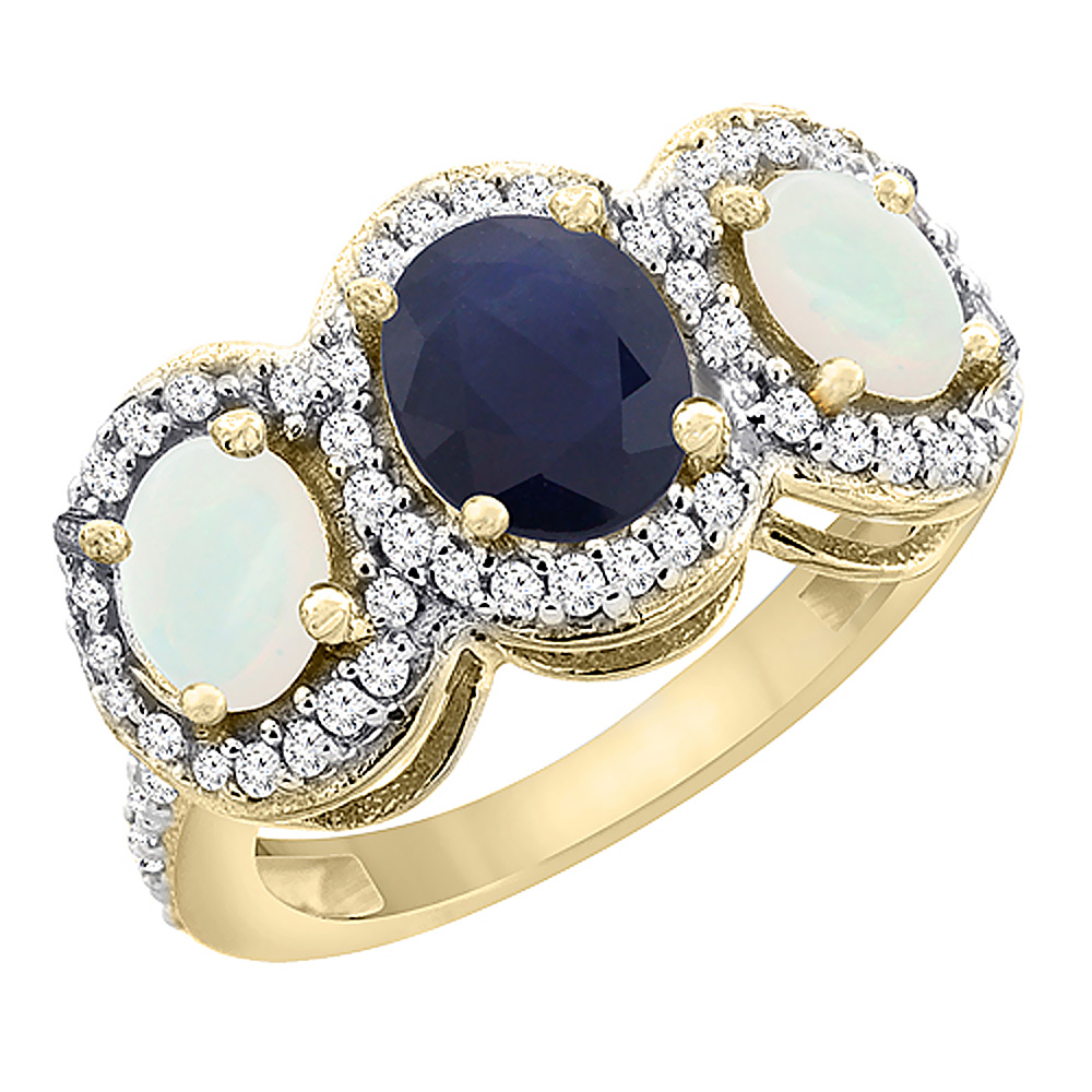 14K Yellow Gold Natural Blue Sapphire & Opal 3-Stone Ring Oval Diamond Accent, sizes 5 - 10