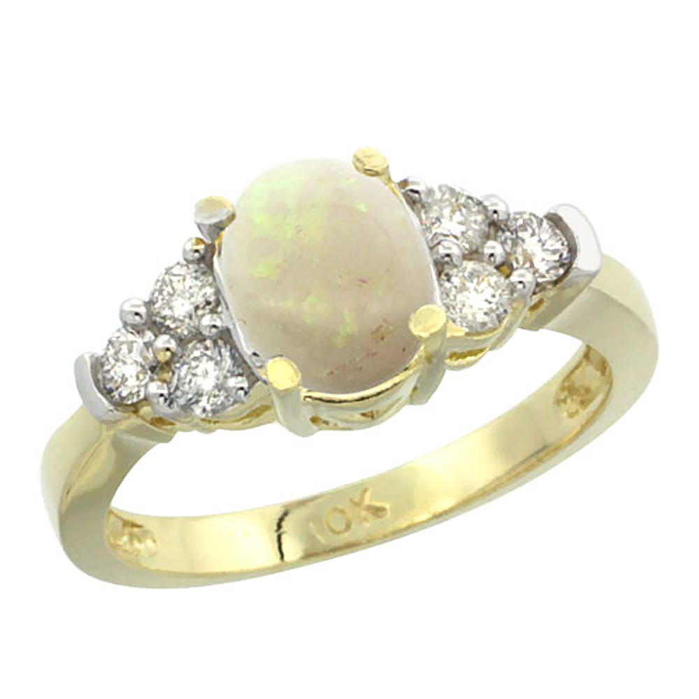 10K Yellow Gold Natural Opal Ring Oval 9x7mm Diamond Accent, sizes 5-10