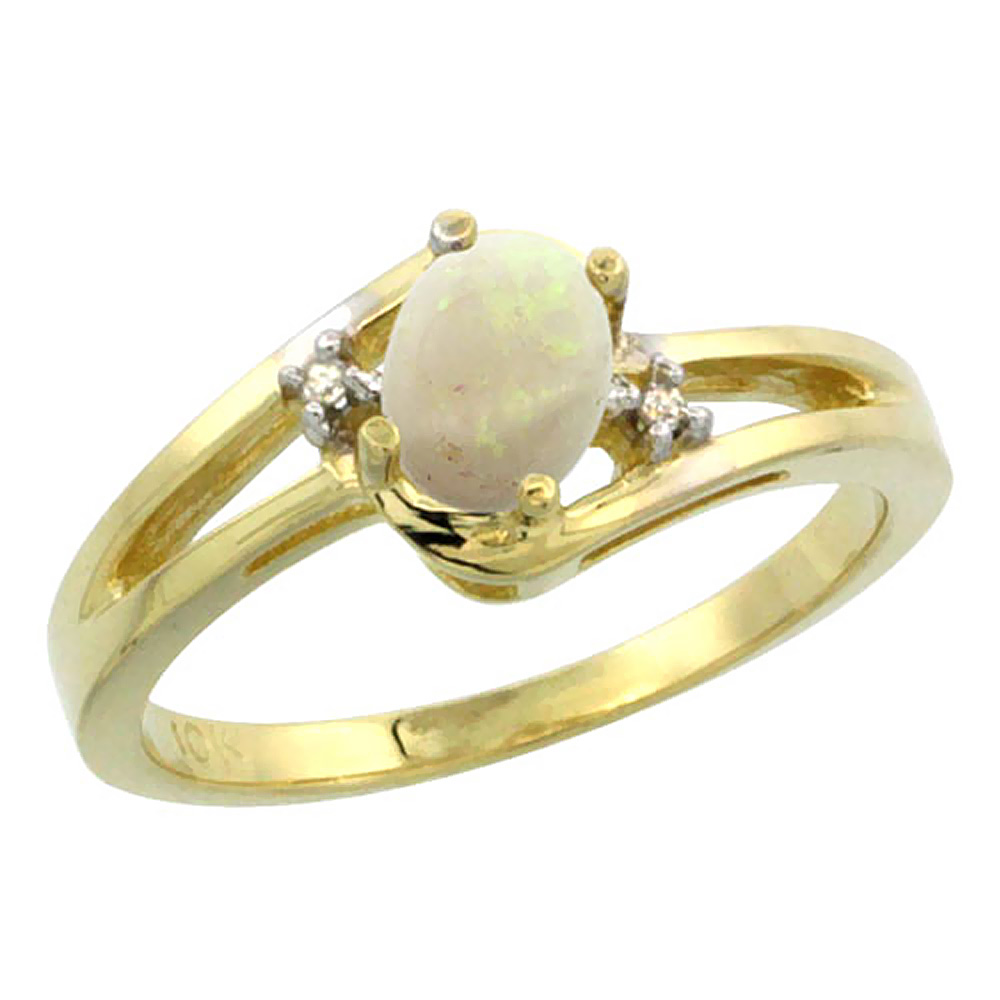 14K Yellow Gold Diamond Natural Opal Ring Oval 6x4 mm, sizes 5-10