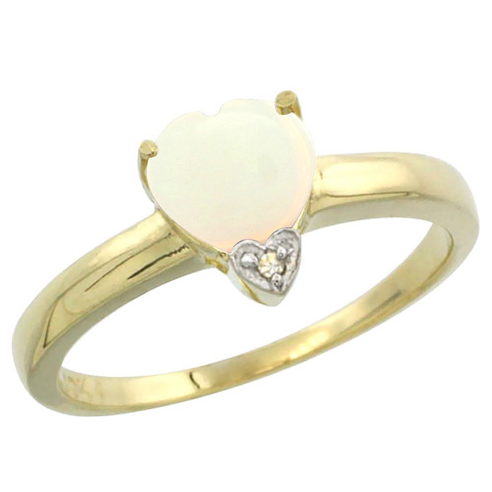 10K Yellow Gold Natural Opal Heart 7x7mm Diamond Accent, sizes 5-10