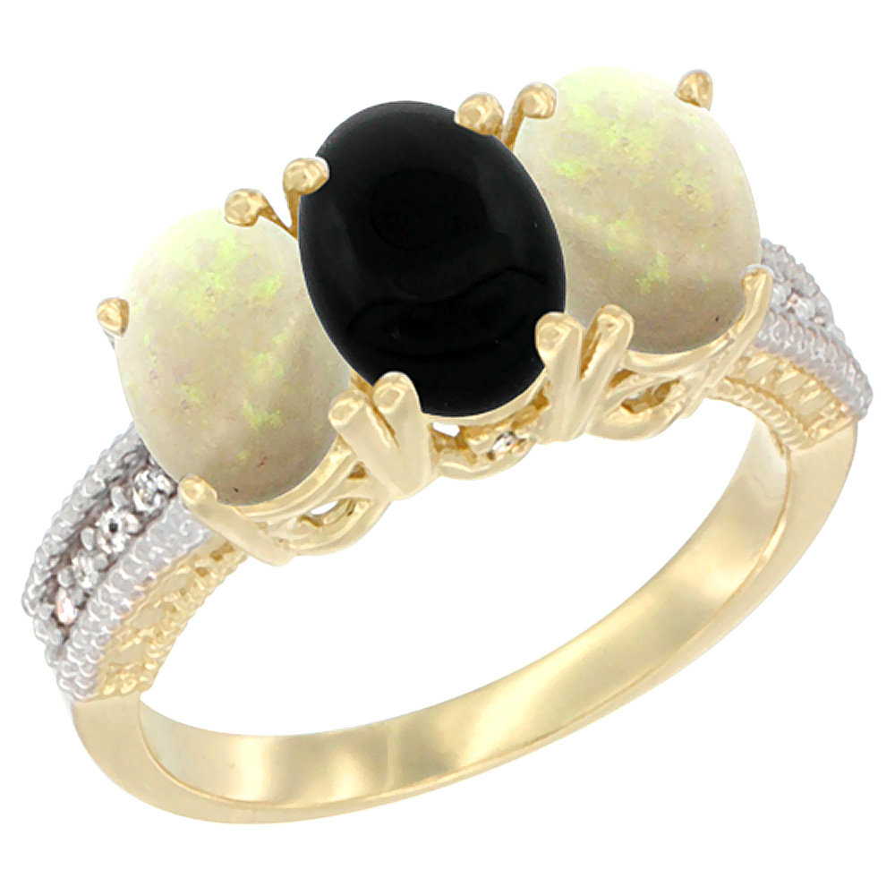 14K Yellow Gold Natural Black Onyx &amp; Opal Sides Ring 3-Stone 7x5 mm Oval Diamond Accent, sizes 5 - 10