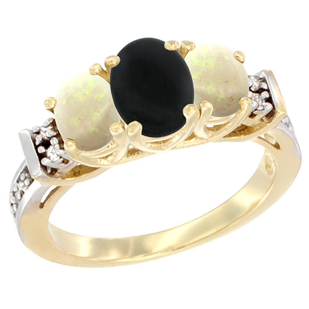 10K Yellow Gold Natural Black Onyx & Opal Ring 3-Stone Oval Diamond Accent