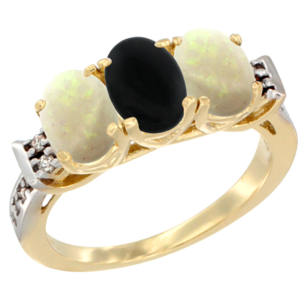 10K Yellow Gold Natural Black Onyx &amp; Opal Sides Ring 3-Stone Oval 7x5 mm Diamond Accent, sizes 5 - 10