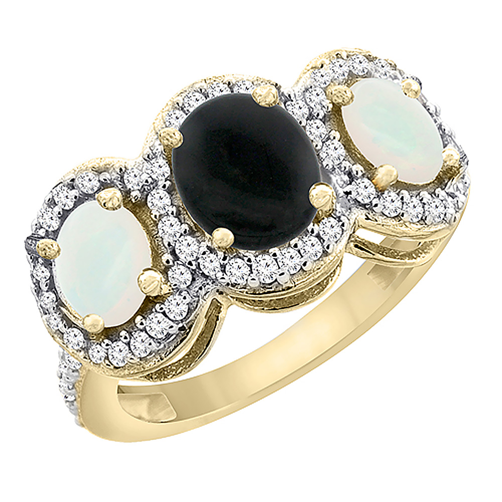 10K Yellow Gold Natural Black Onyx & Opal 3-Stone Ring Oval Diamond Accent, sizes 5 - 10