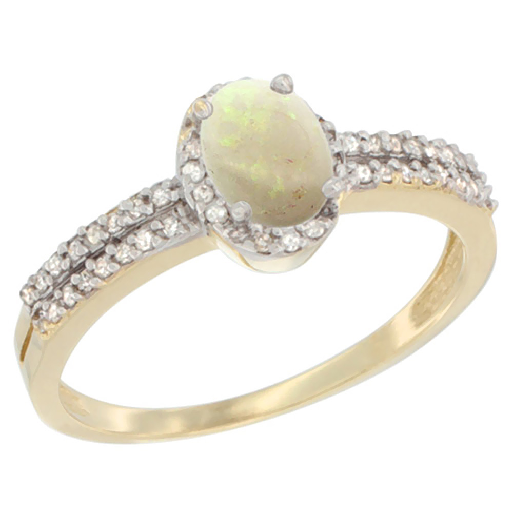 10K Yellow Gold Natural Opal Ring Oval 6x4mm Diamond Accent, sizes 5-10