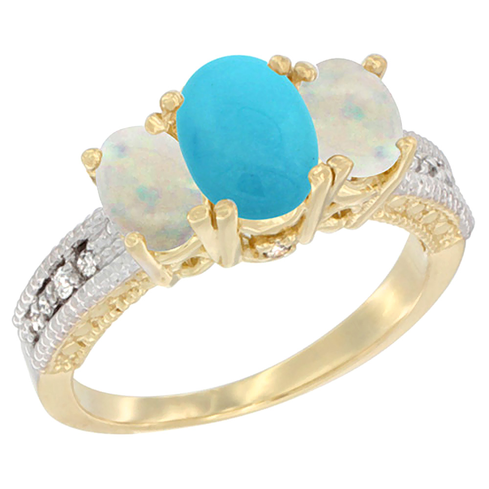 14K Yellow Gold Diamond Natural Turquoise Ring Oval 3-stone with Opal, sizes 5 - 10
