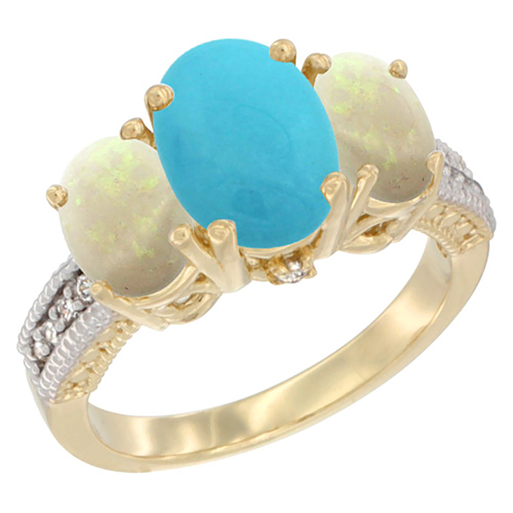 14K Yellow Gold Diamond Natural Turquoise Ring 3-Stone Oval 8x6mm with Opal, sizes5-10