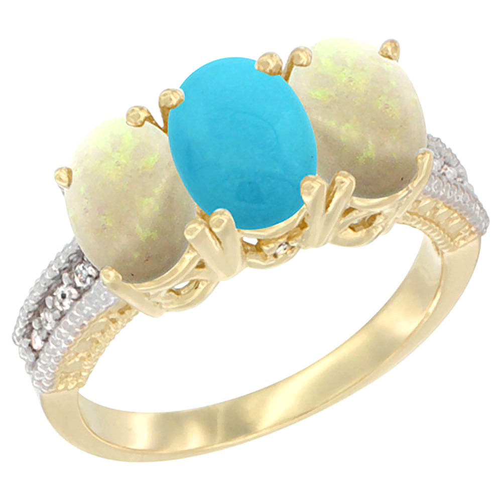 14K Yellow Gold Natural Turquoise &amp; Opal Sides Ring 3-Stone 7x5 mm Oval Diamond Accent, sizes 5 - 10