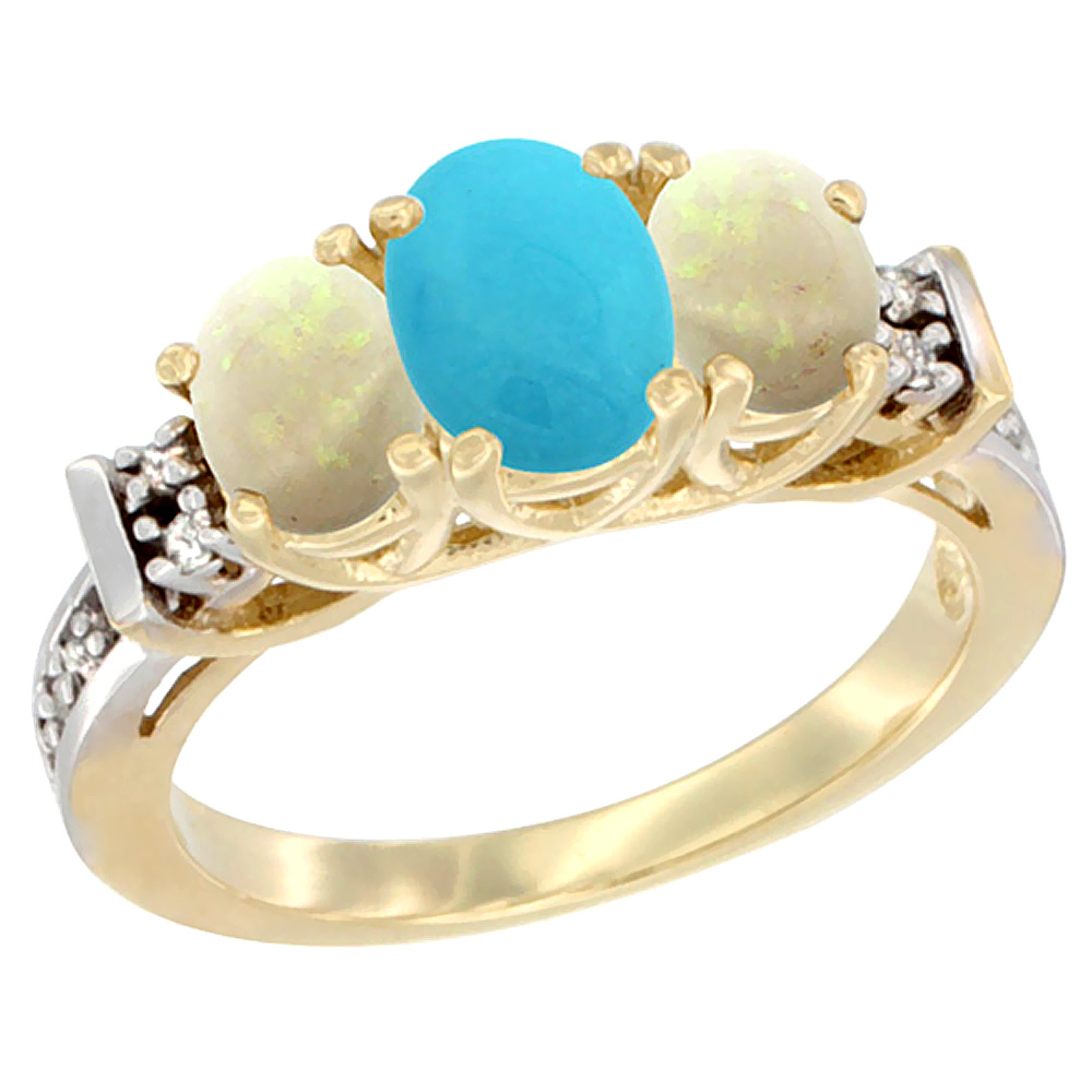 10K Yellow Gold Natural Turquoise & Opal Ring 3-Stone Oval Diamond Accent