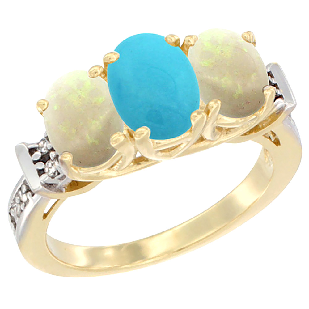 14K Yellow Gold Natural Turquoise & Opal Sides Ring 3-Stone Oval Diamond Accent, sizes 5 - 10