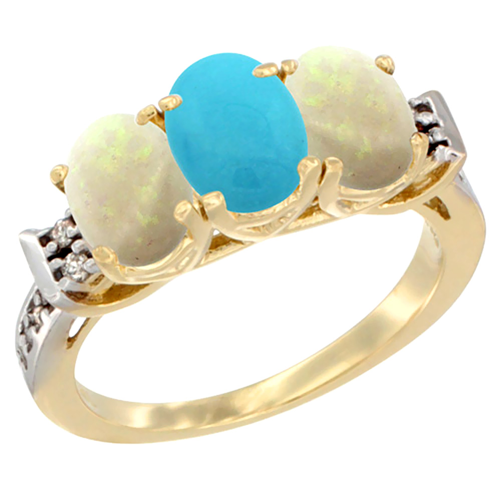 14K Yellow Gold Natural Turquoise &amp; Opal Sides Ring 3-Stone Oval 7x5 mm Diamond Accent, sizes 5 - 10