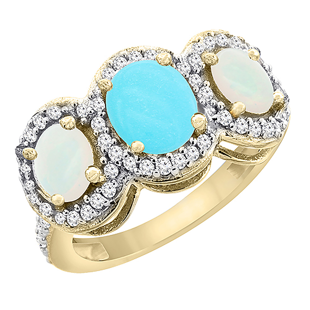 14K Yellow Gold Natural Turquoise & Opal 3-Stone Ring Oval Diamond Accent, sizes 5 - 10