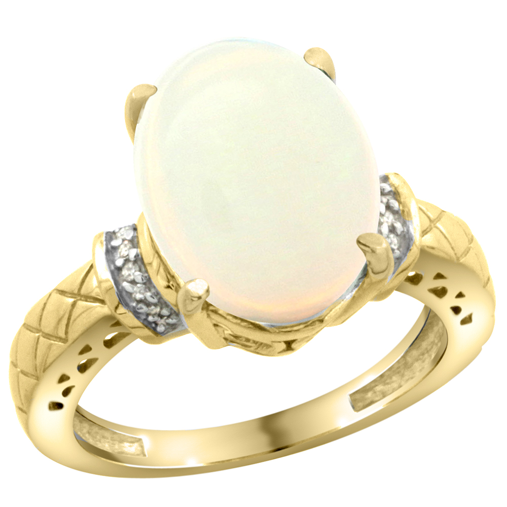 10K Yellow Gold Diamond Natural Opal Ring Oval 14x10mm, sizes 5-10