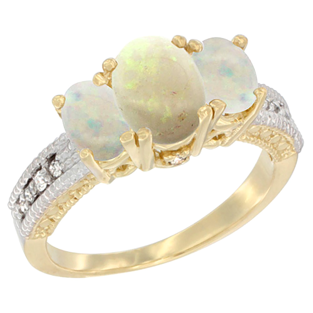 10K Yellow Gold Diamond Natural Opal Ring Oval 3-stone, sizes 5 - 10