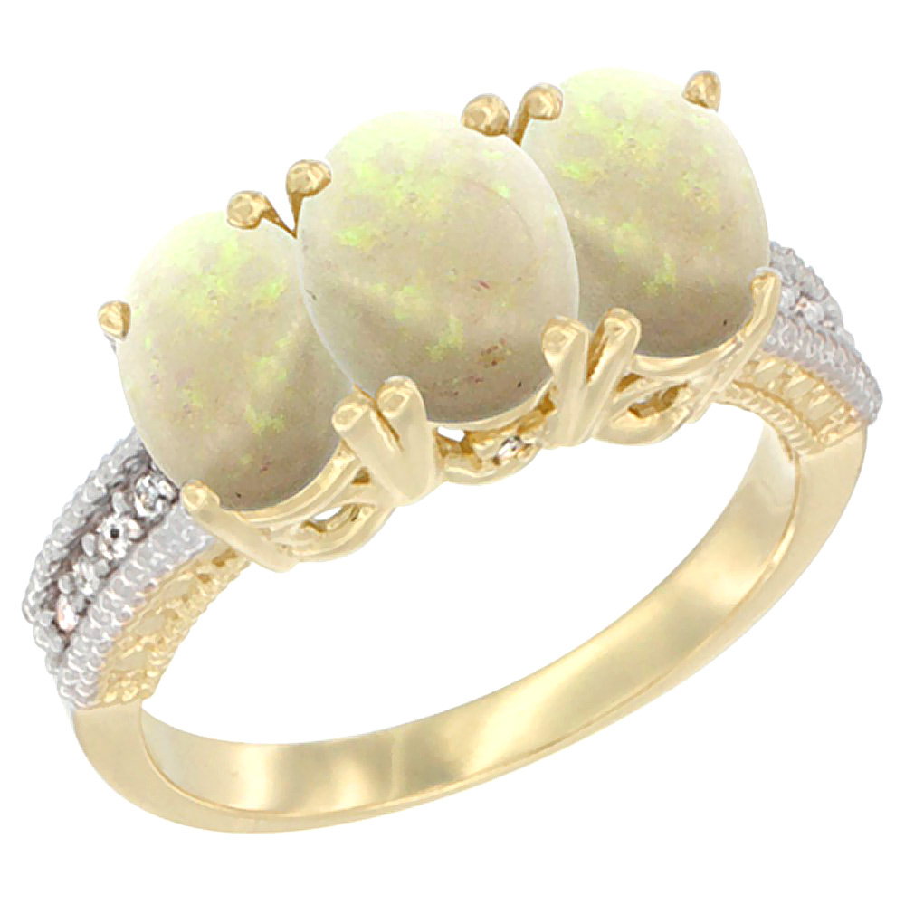 14K Yellow Gold Natural Opal Ring 3-Stone 7x5 mm Oval Diamond Accent, sizes 5 - 10