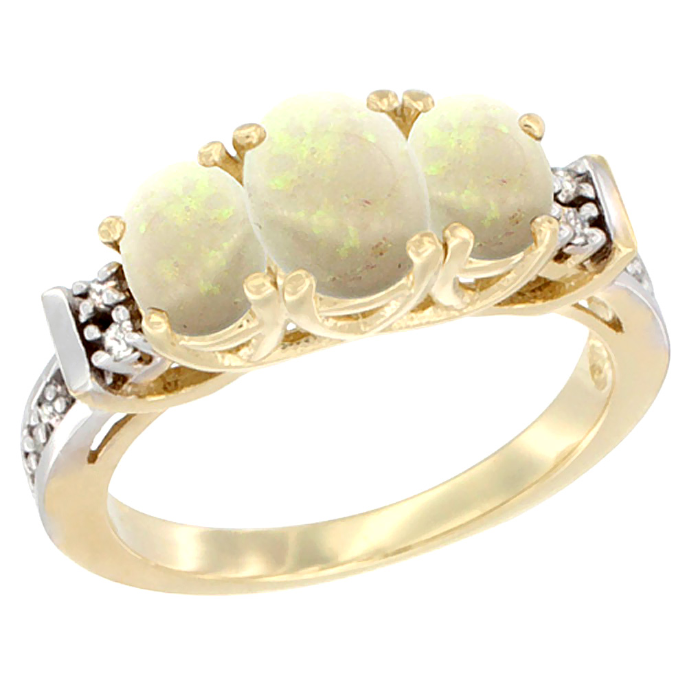 14K Yellow Gold Natural Opal Ring 3-Stone Oval Diamond Accent