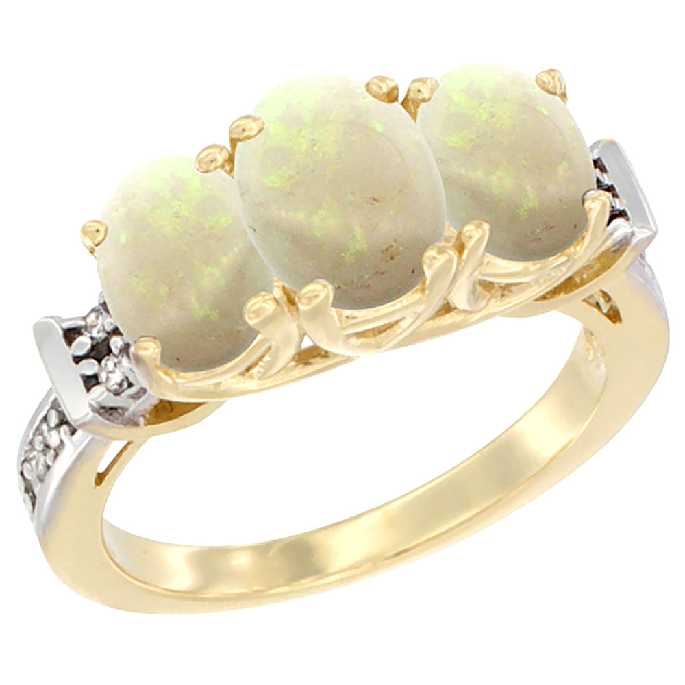 10K Yellow Gold Natural Opal Ring 3-Stone Oval Diamond Accent, sizes 5 - 10