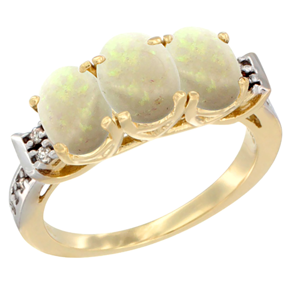 10K Yellow Gold Natural Opal Ring 3-Stone Oval 7x5 mm Diamond Accent, sizes 5 - 10