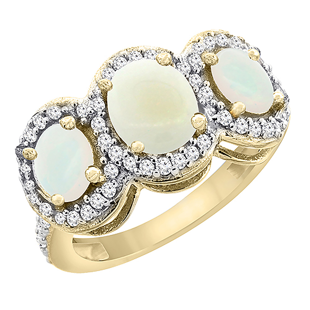 10K Yellow Gold Natural Opal 3-Stone Ring Oval Diamond Accent, sizes 5 - 10