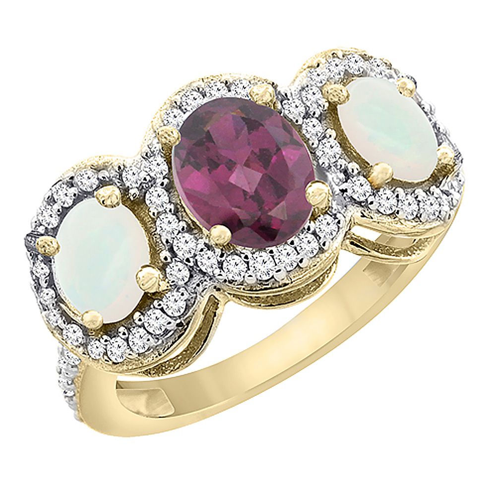 10K Yellow Gold Natural Rhodolite & Opal 3-Stone Ring Oval Diamond Accent, sizes 5 - 10