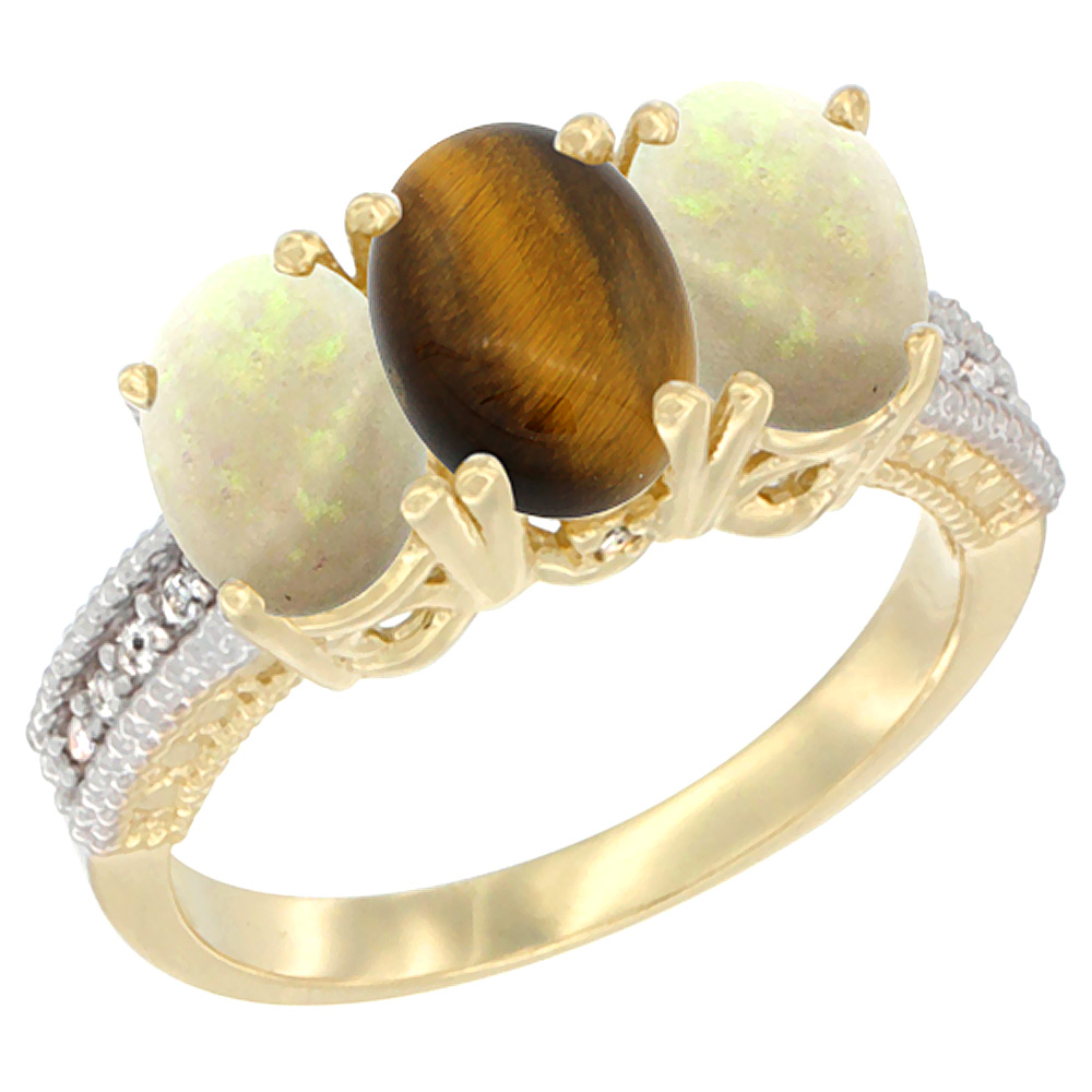14K Yellow Gold Natural Tiger Eye &amp; Opal Sides Ring 3-Stone 7x5 mm Oval Diamond Accent, sizes 5 - 10