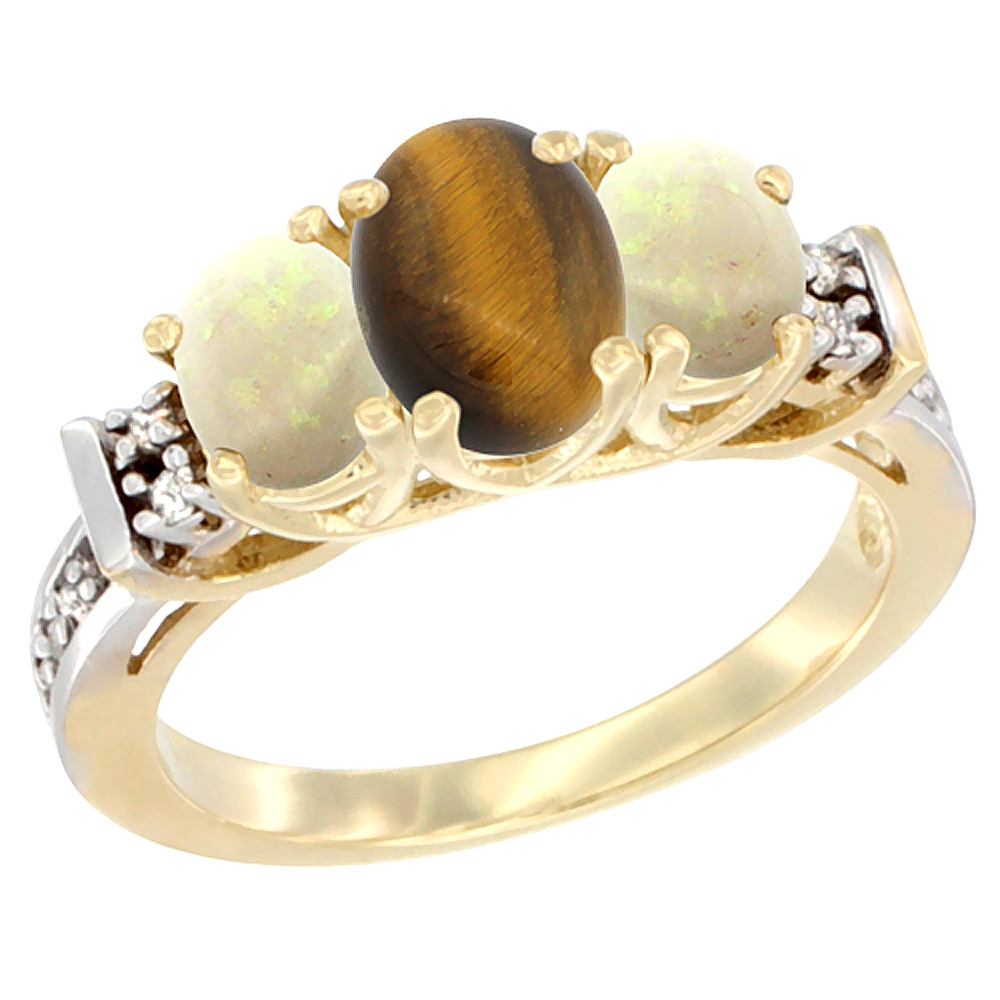 14K Yellow Gold Natural Tiger Eye & Opal Ring 3-Stone Oval Diamond Accent