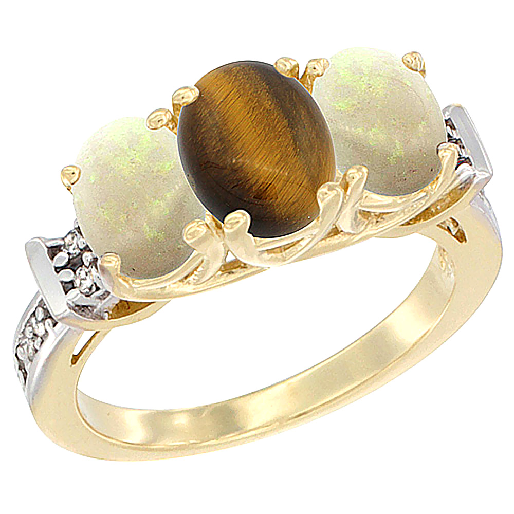 10K Yellow Gold Natural Tiger Eye & Opal Sides Ring 3-Stone Oval Diamond Accent, sizes 5 - 10