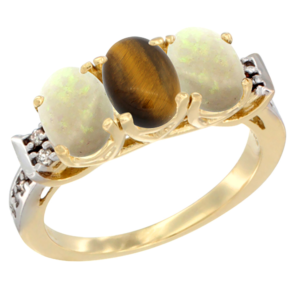 10K Yellow Gold Natural Tiger Eye &amp; Opal Sides Ring 3-Stone Oval 7x5 mm Diamond Accent, sizes 5 - 10