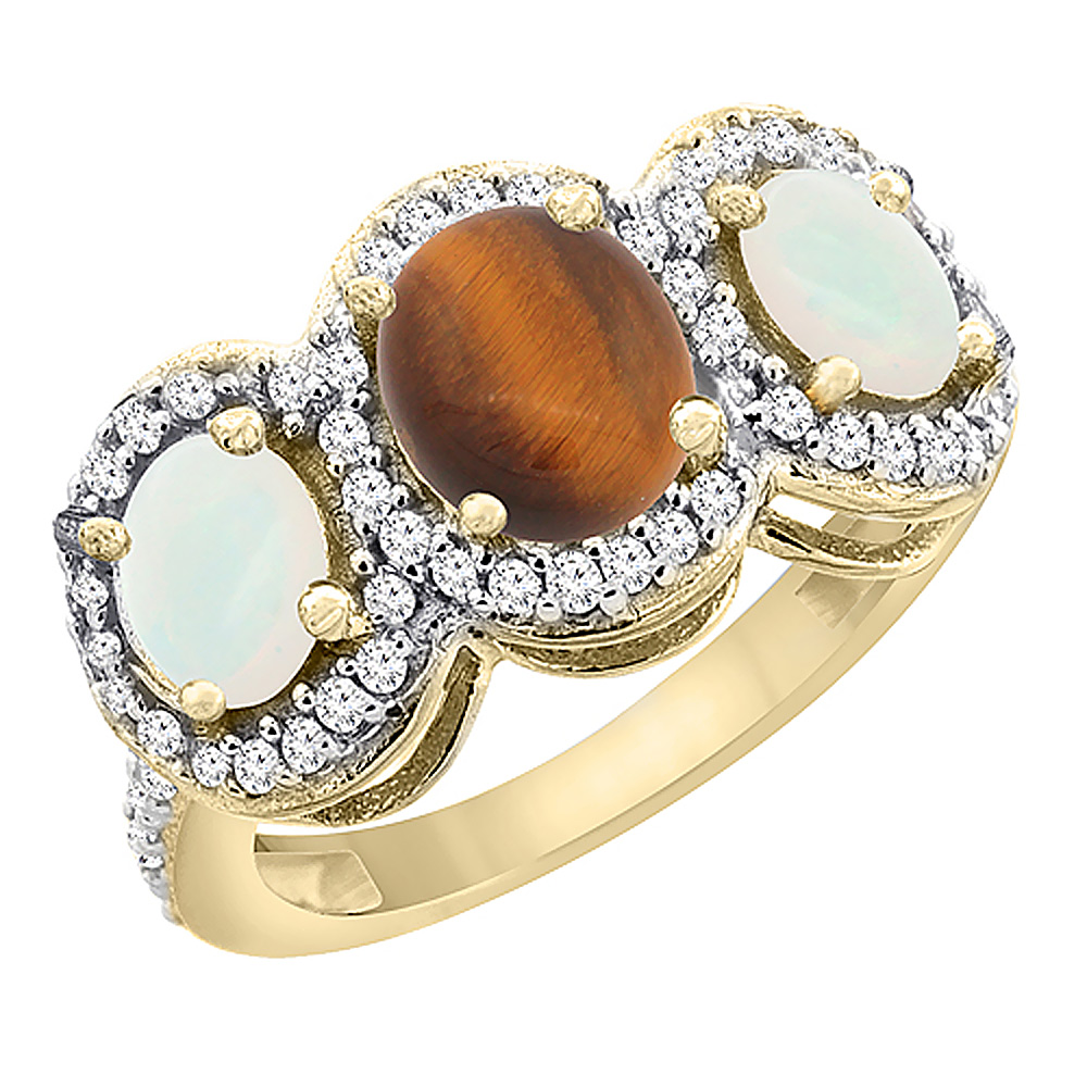 10K Yellow Gold Natural Tiger Eye &amp; Opal 3-Stone Ring Oval Diamond Accent, sizes 5 - 10