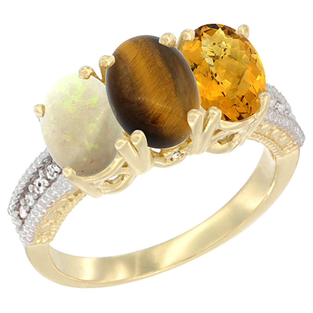 10K Yellow Gold Diamond Natural Opal, Tiger Eye &amp; Whisky Quartz Ring 3-Stone 7x5 mm Oval, sizes 5 - 10