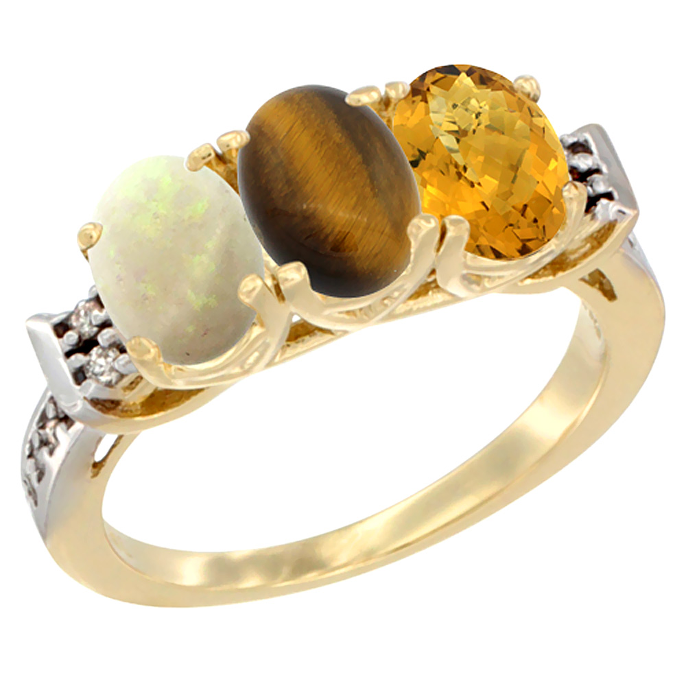 10K Yellow Gold Natural Opal, Tiger Eye &amp; Whisky Quartz Ring 3-Stone Oval 7x5 mm Diamond Accent, sizes 5 - 10
