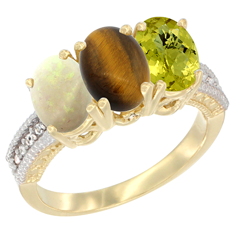 14K Yellow Gold Natural Opal, Tiger Eye &amp; Lemon Quartz Ring 3-Stone 7x5 mm Oval Diamond Accent, sizes 5 - 10