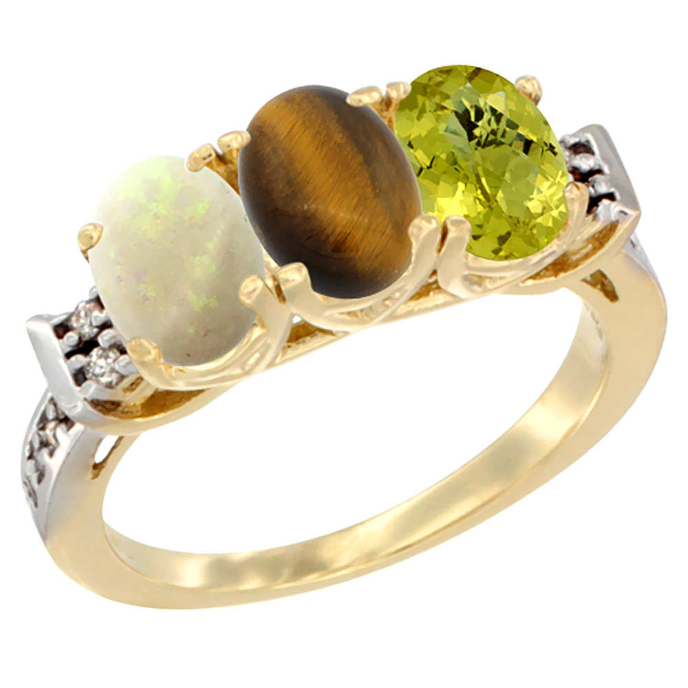14K Yellow Gold Natural Opal, Tiger Eye &amp; Lemon Quartz Ring 3-Stone Oval 7x5 mm Diamond Accent, sizes 5 - 10