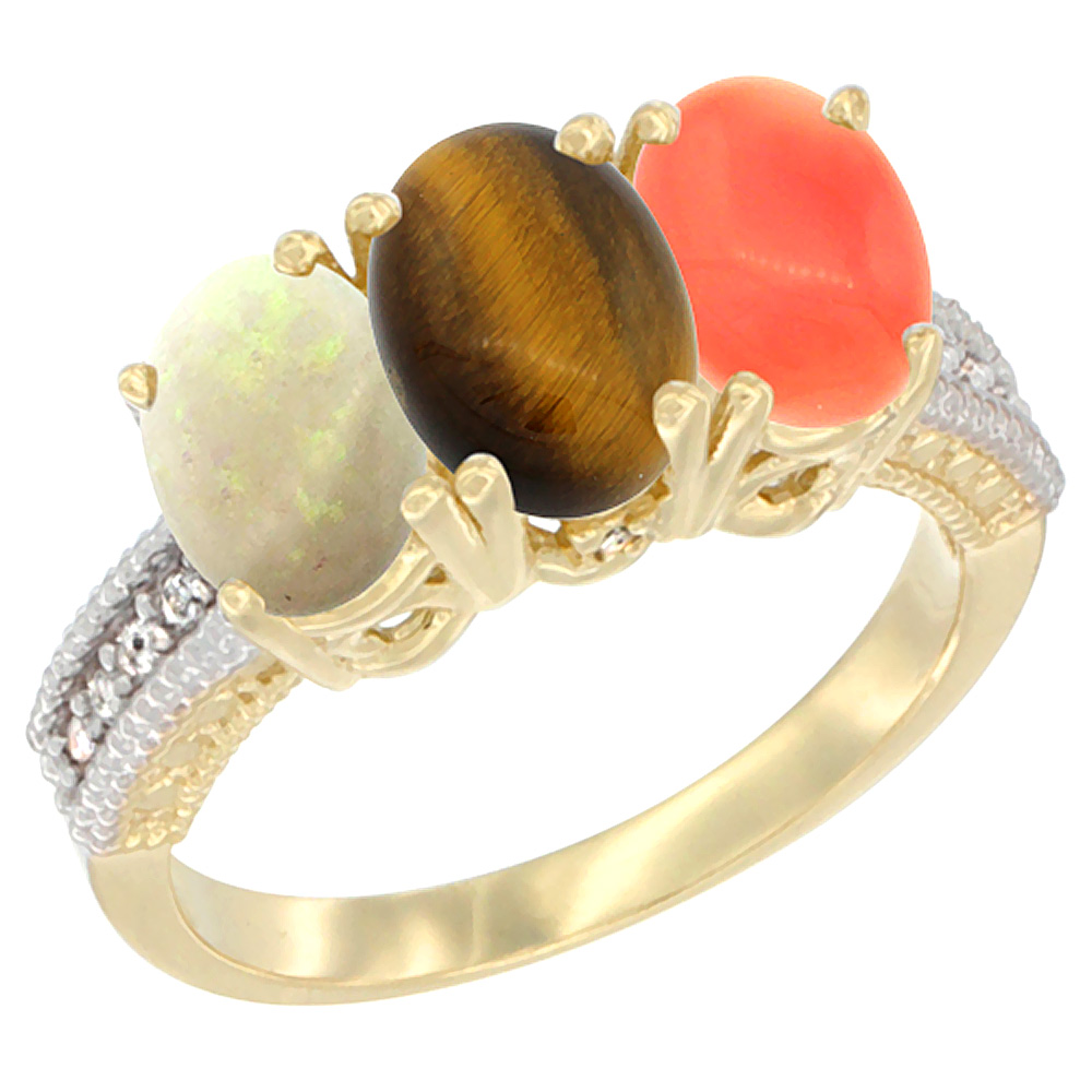 14K Yellow Gold Natural Opal, Tiger Eye & Coral Ring 3-Stone 7x5 mm Oval Diamond Accent, sizes 5 - 10