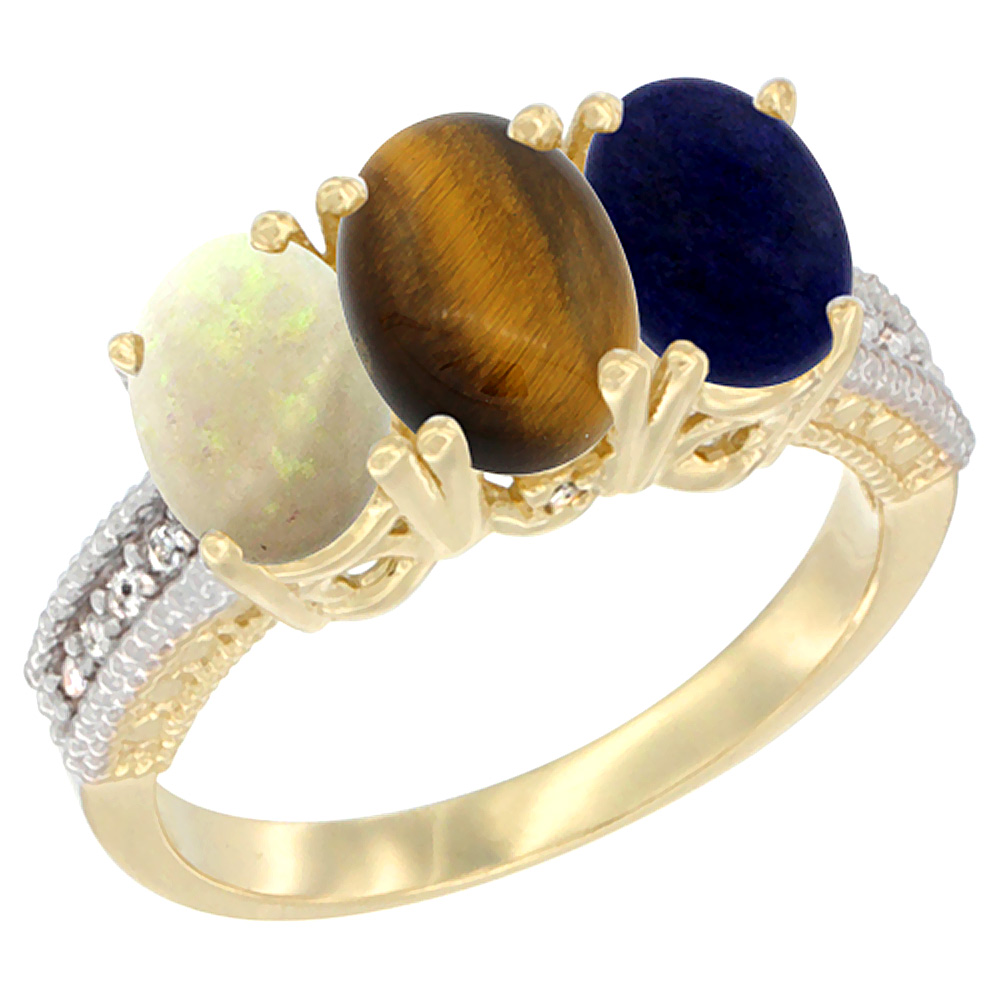 14K Yellow Gold Natural Opal, Tiger Eye & Lapis Ring 3-Stone 7x5 mm Oval Diamond Accent, sizes 5 - 10