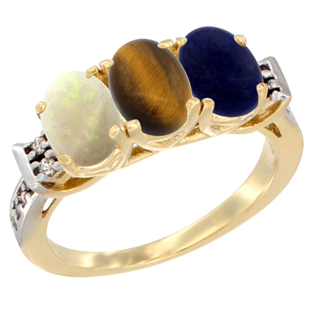 14K Yellow Gold Natural Opal, Tiger Eye &amp; Lapis Ring 3-Stone Oval 7x5 mm Diamond Accent, sizes 5 - 10