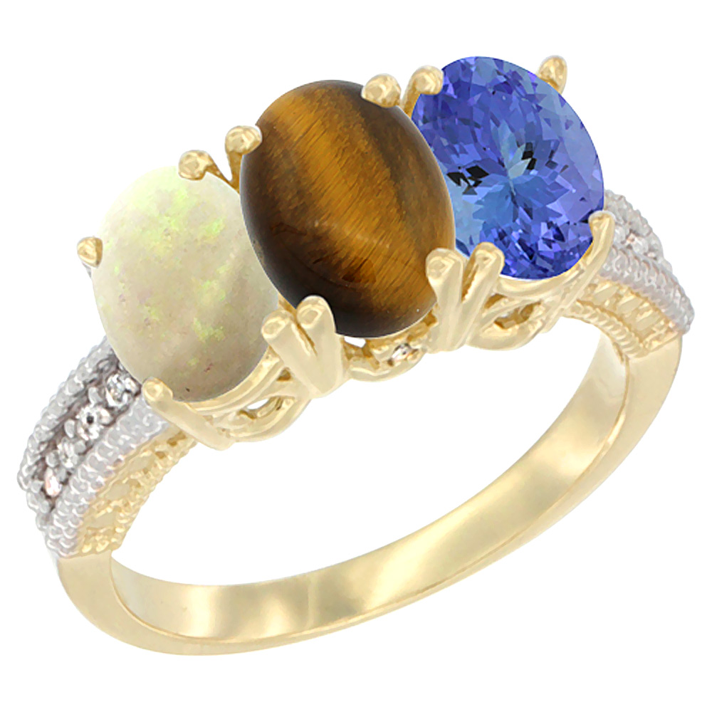 10K Yellow Gold Diamond Natural Opal, Tiger Eye & Tanzanite Ring 3-Stone 7x5 mm Oval, sizes 5 - 10