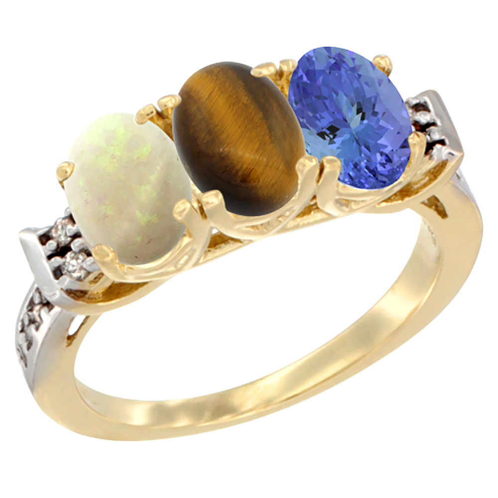 10K Yellow Gold Natural Opal, Tiger Eye &amp; Tanzanite Ring 3-Stone Oval 7x5 mm Diamond Accent, sizes 5 - 10