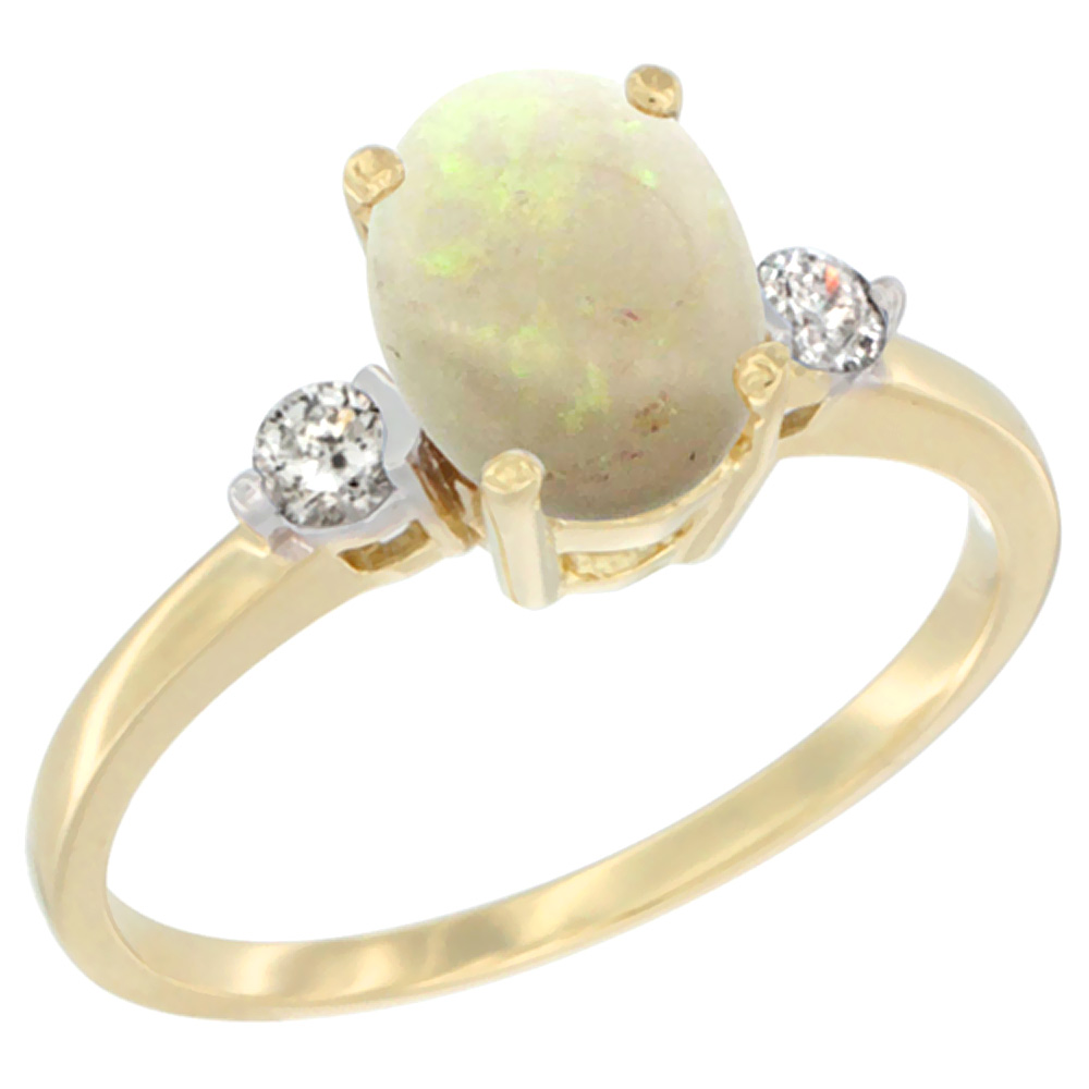 10K Yellow Gold Natural Opal Ring Oval 9x7 mm Diamond Accent, sizes 5 to 10