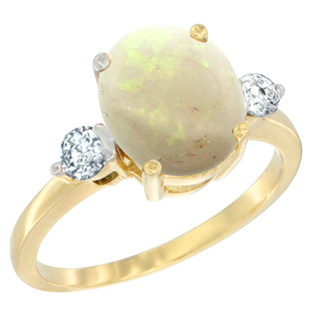 10K Yellow Gold 10x8mm Oval Natural Opal Ring for Women Diamond Side-stones sizes 5 - 10