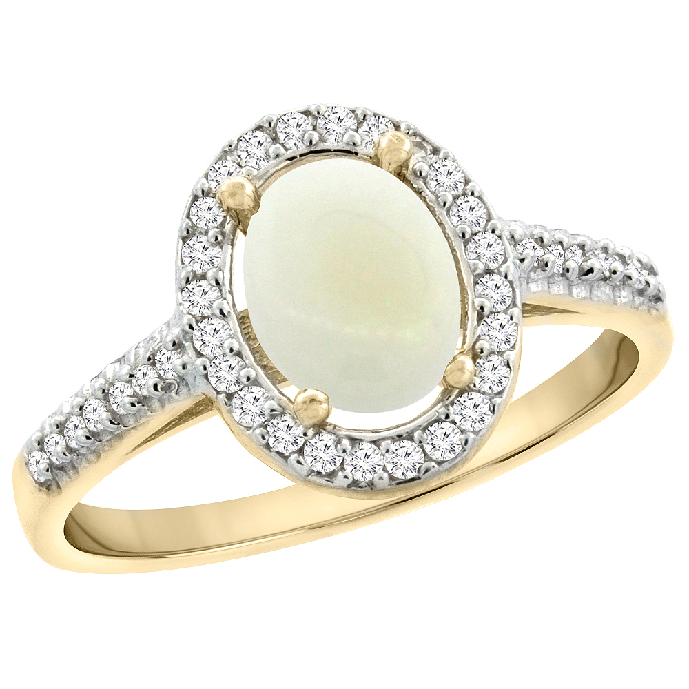 10K Yellow Gold Natural Opal Engagement Ring Oval 7x5 mm Diamond Halo, sizes 5 - 10