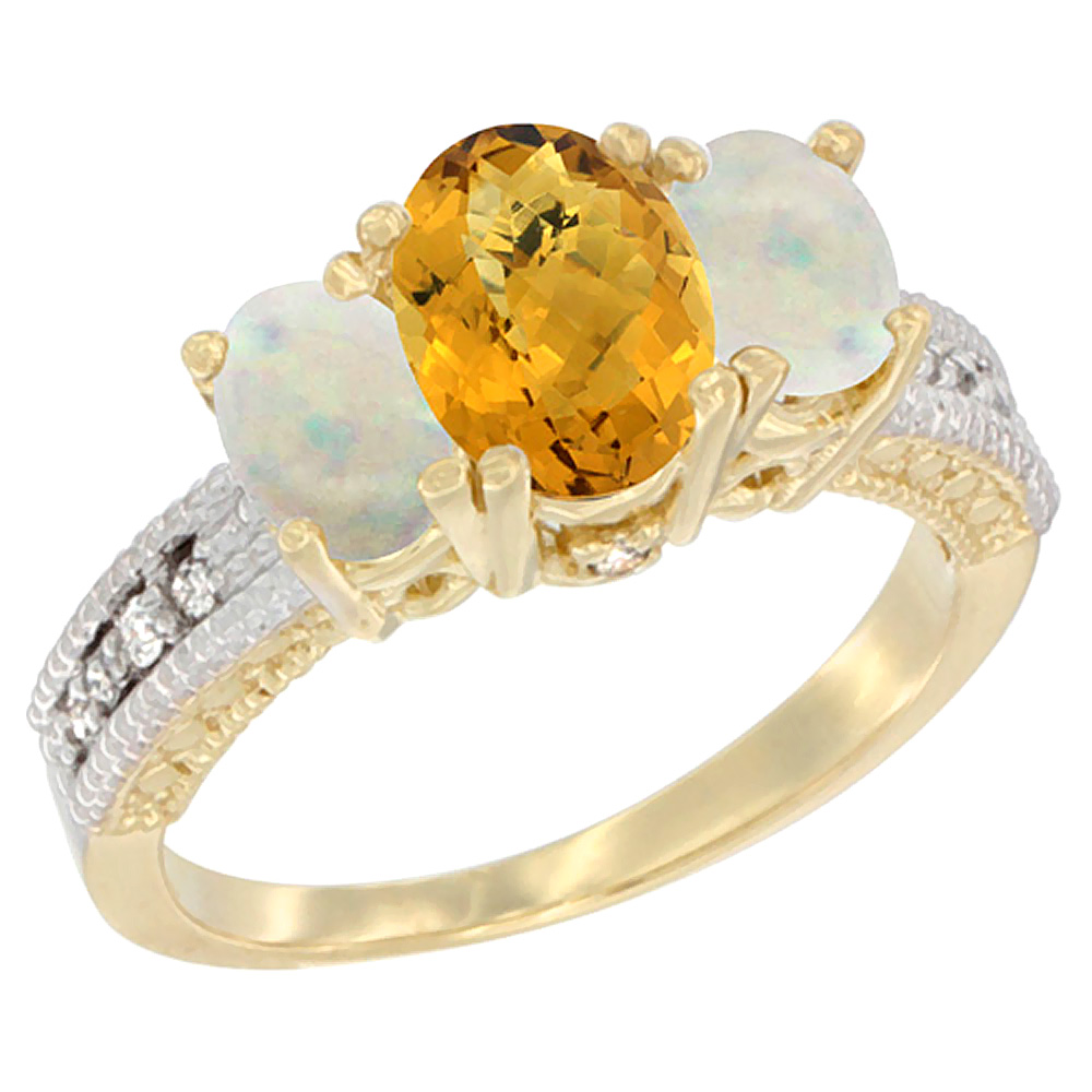 14K Yellow Gold Diamond Natural Whisky Quartz Ring Oval 3-stone with Opal, sizes 5 - 10