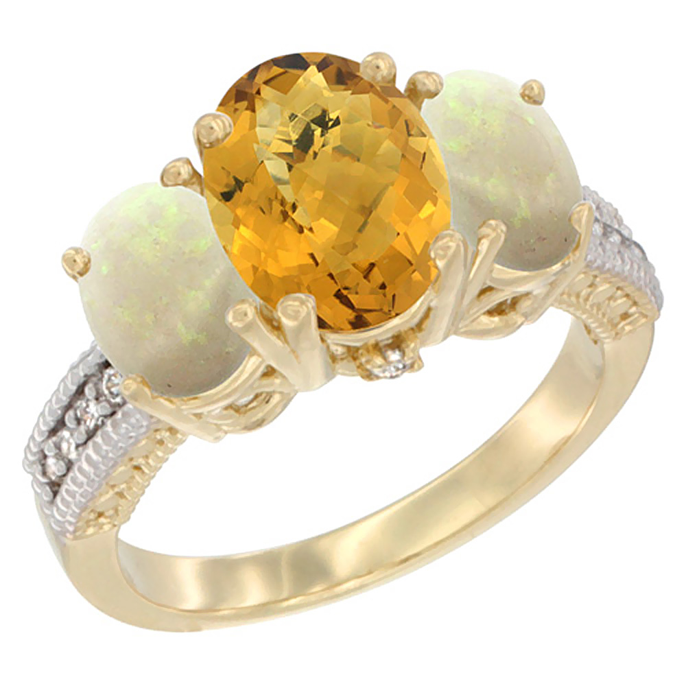 10K Yellow Gold Diamond Natural Whisky Quartz Ring 3-Stone Oval 8x6mm with Opal, sizes5-10