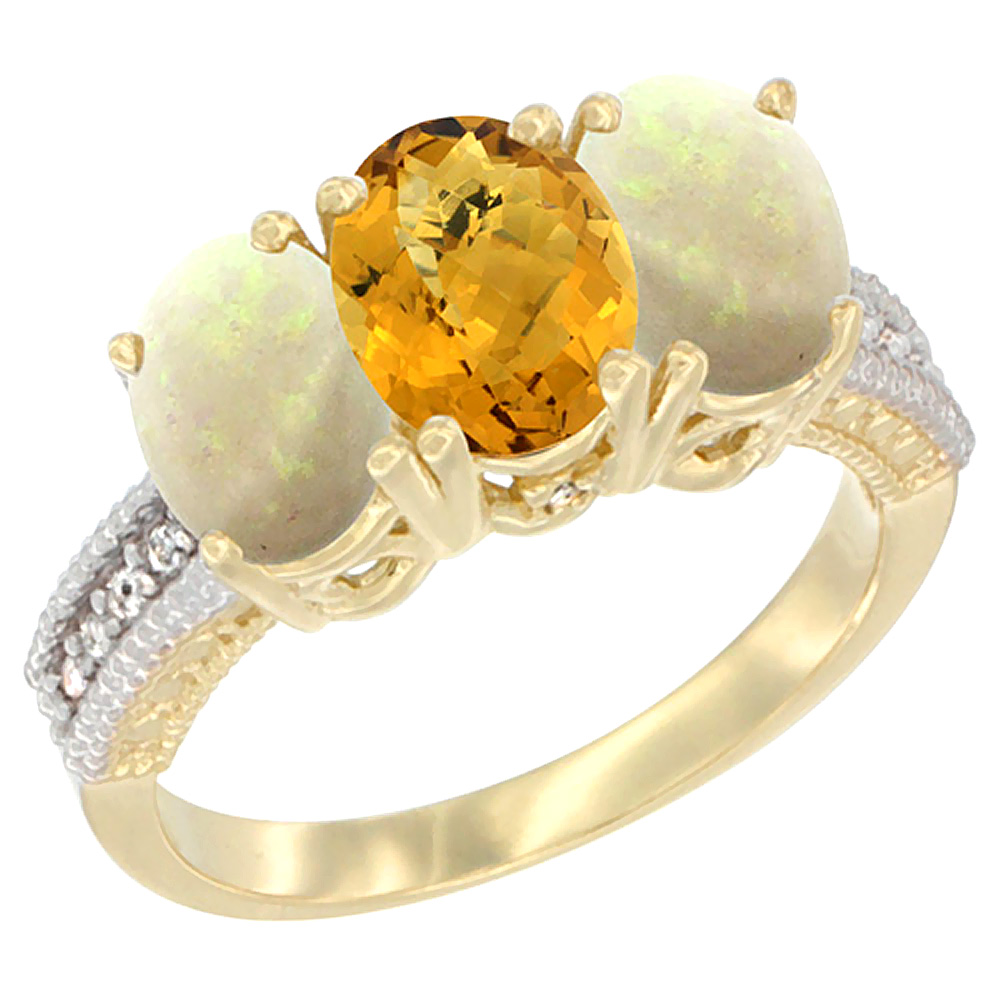 14K Yellow Gold Natural Whisky Quartz &amp; Opal Sides Ring 3-Stone 7x5 mm Oval Diamond Accent, sizes 5 - 10