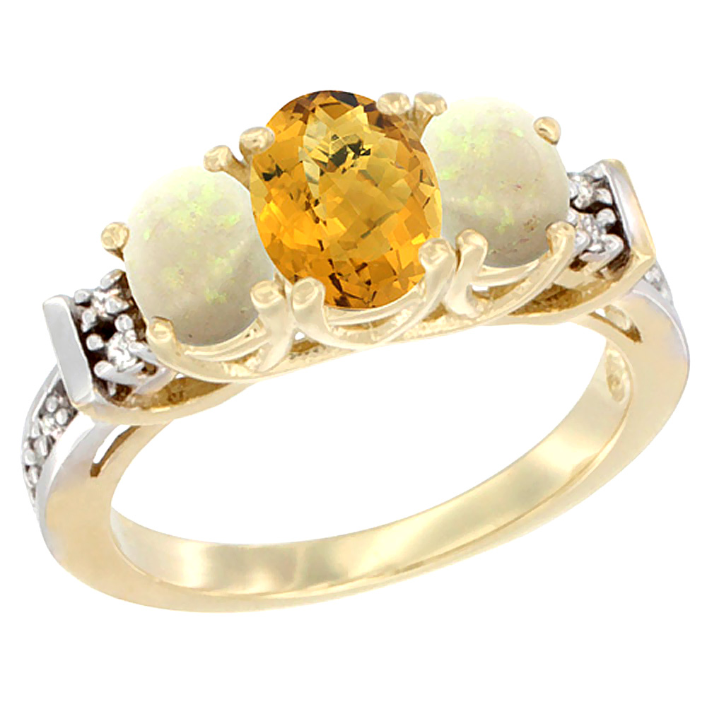 14K Yellow Gold Natural Whisky Quartz & Opal Ring 3-Stone Oval Diamond Accent