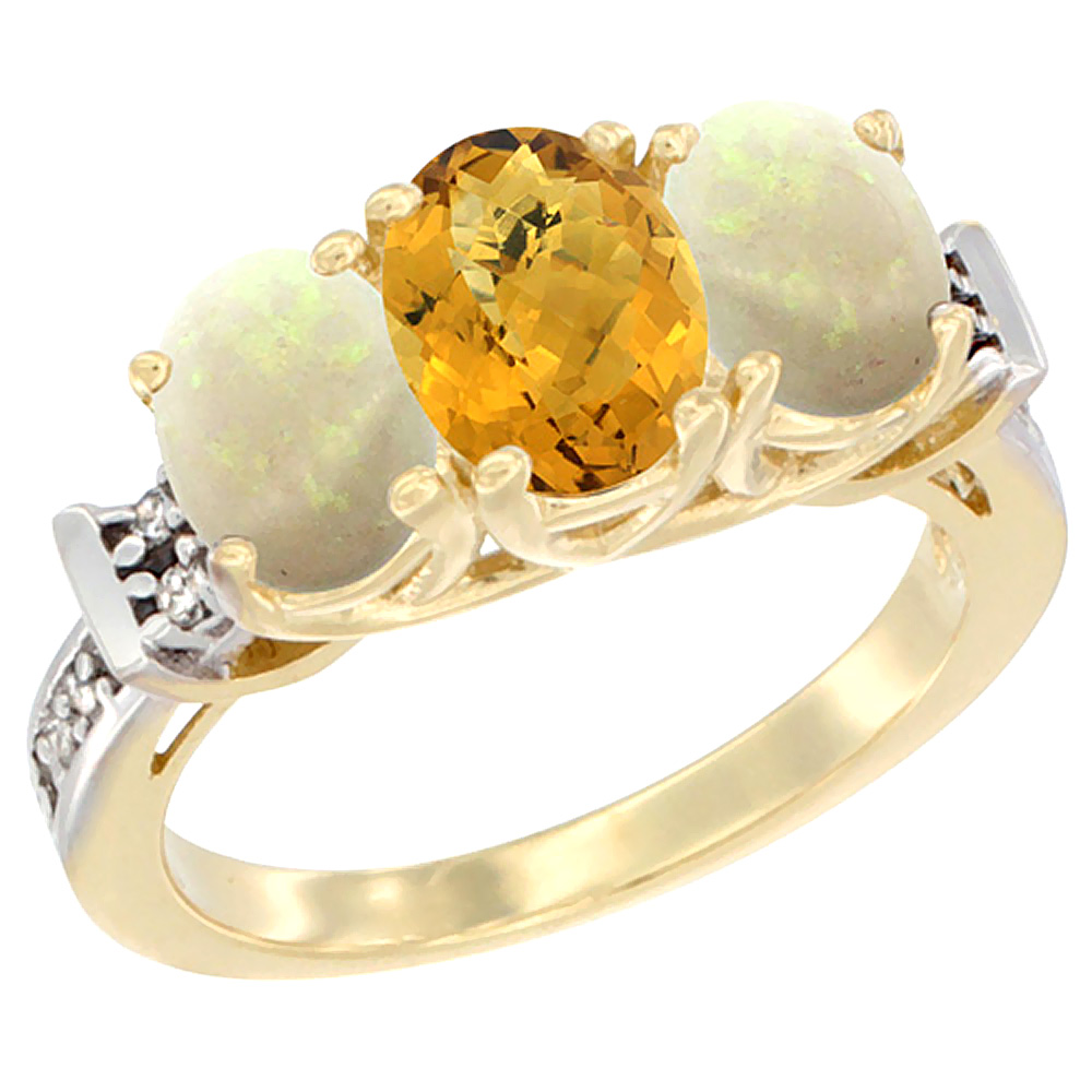 10K Yellow Gold Natural Whisky Quartz &amp; Opal Sides Ring 3-Stone Oval Diamond Accent, sizes 5 - 10