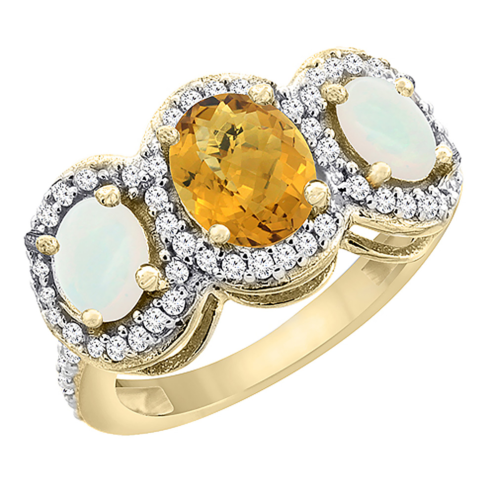 14K Yellow Gold Natural Whisky Quartz & Opal 3-Stone Ring Oval Diamond Accent, sizes 5 - 10