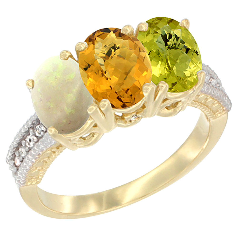 10K Yellow Gold Diamond Natural Opal, Whisky Quartz &amp; Lemon Quartz Ring 3-Stone 7x5 mm Oval, sizes 5 - 10